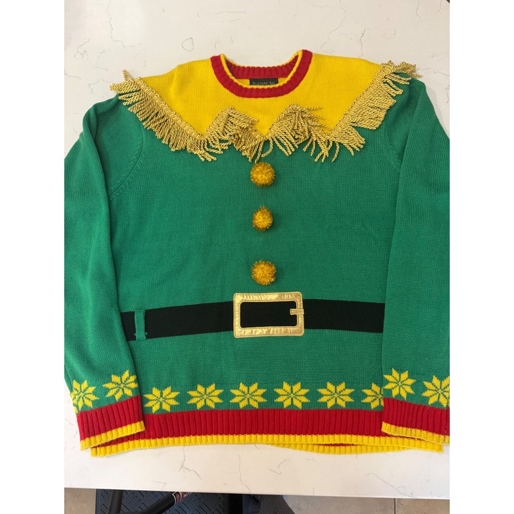 Blizzard Bay Mens Elf Christmas Sweater Green Gold Fringe Pom Poms XL E79827